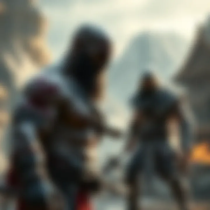 A scene showing Kratos, a muscular warrior with a bald head and red markings, preparing for battle against an unknown character in a fantasy setting.
