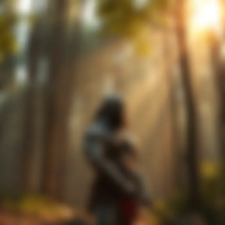 Kratos, a muscular warrior with a serious expression, stands alone in a forest, contemplating his past while holding a weapon. The sunlight filters through the trees, highlighting his transformation f...