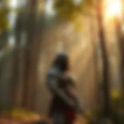 Kratos reflecting on his journey Kratos, a muscular warrior with a serious expression, stands alone in a forest, contemplating his past while holding a weapon. The sunlight filters through the trees, highlighting his transformation f...