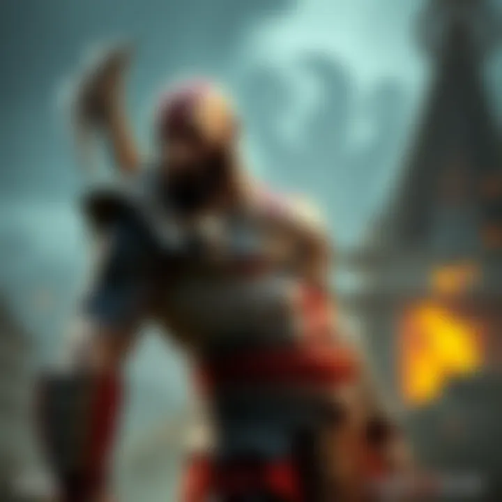 Kratos, a muscular warrior with a red tattoo, stands ready for battle, holding an axe and looking determined against a Norse backdrop.