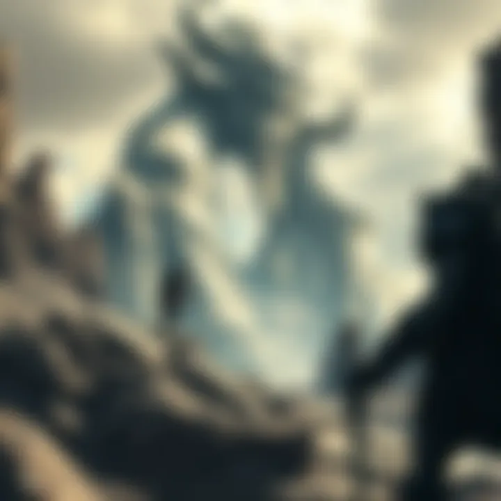 Kratos climbing Chronos Kratos scaling the giant Chronos, with a rocky landscape and towering height all around him.