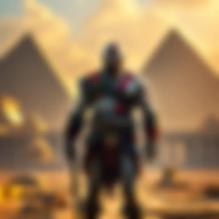Kratos, the warrior from God of War, stands boldly in front of ancient Egyptian pyramids, contemplating a new journey.