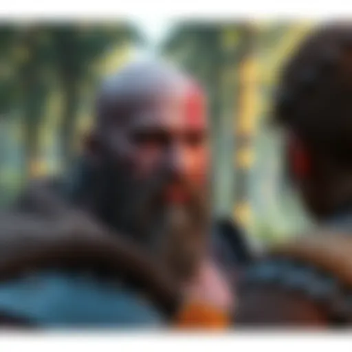 Kratos looks serious while speaking to Atreus in a forest setting, reflecting on his past as a father.