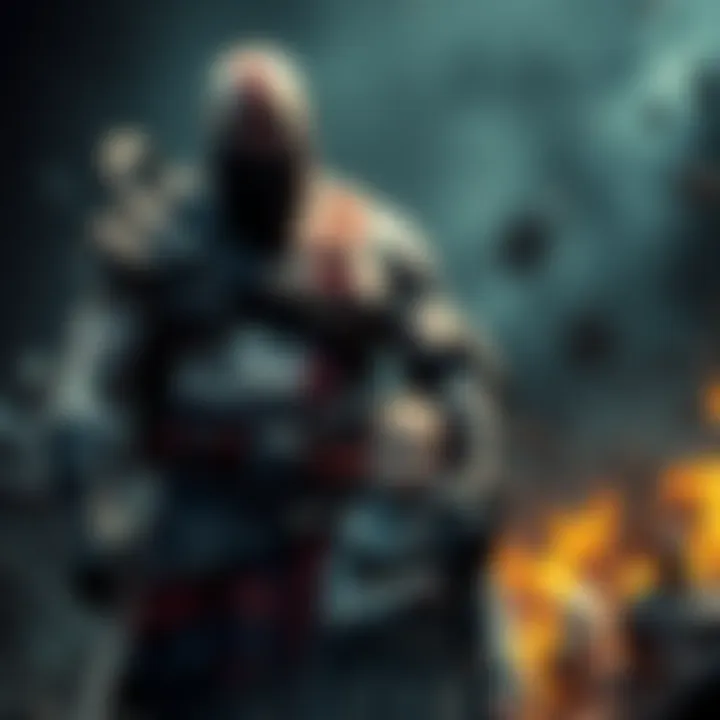 Kratos, a muscular warrior, stands protectively beside his young son in a dark, mythical setting, sharing a moment of connection amidst chaos.