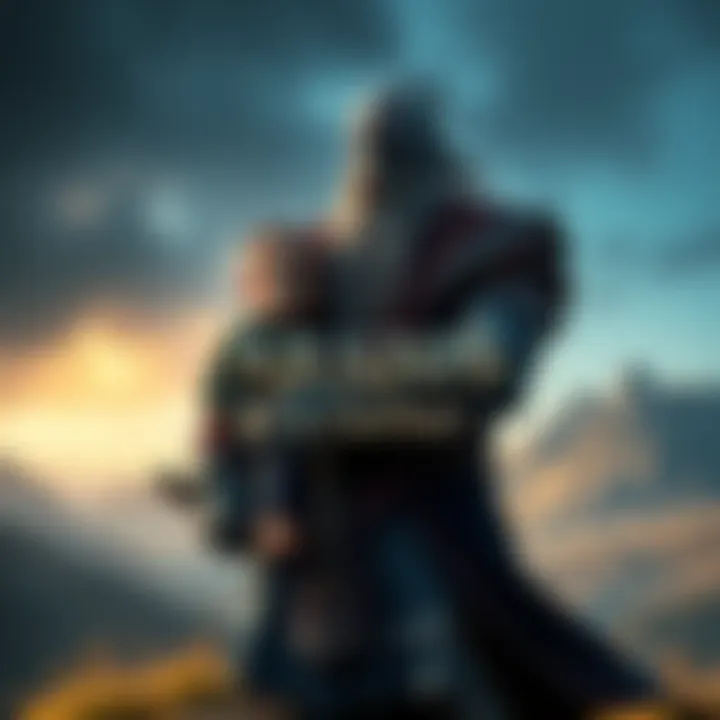Kratos standing protectively beside his son, with a peaceful Midgard landscape in the background, symbolizing his growth from violence to fatherhood.