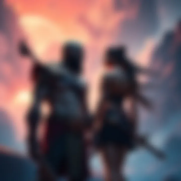 Kratos stands beside Faye in a mystical afterlife setting filled with ethereal landscapes and ancient gods