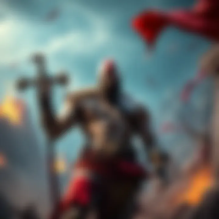 A digital artwork of Kratos, a fierce warrior with a red tattoo and white skin, holding a weapon in a mythological landscape, surrounded by elements of Greek mythology.