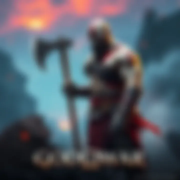 Kratos standing in a dramatic pose, holding his axe with a fierce look, surrounded by a mystical landscape.