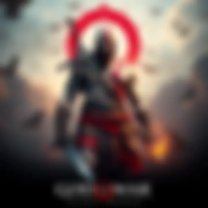 Kratos stands ready for battle, showcasing his muscular frame and iconic weapons, surrounded by elements representing the God of War series timeline.