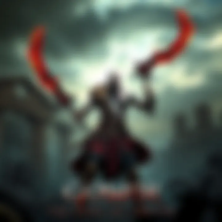 Kratos stands in a dramatic pose, wielding his iconic Blades of Chaos, with a backdrop of ancient ruins and a stormy sky, reflecting a new narrative direction.