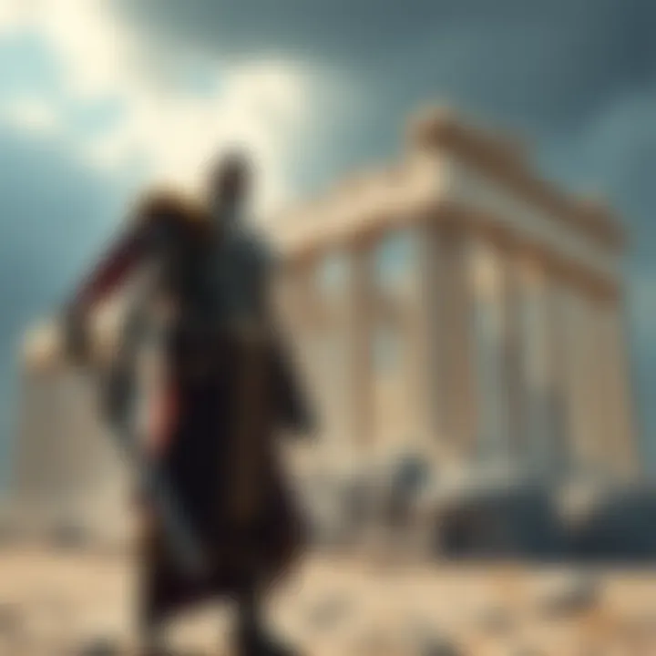 Kratos standing in front of Greek ruins Kratos, the main character, stands in front of ancient Greek ruins, symbolizing his past adventures before Valhalla.
