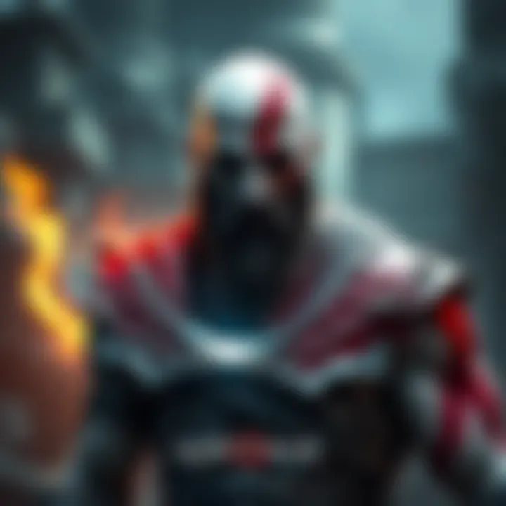 Kratos with wounds healing Kratos in armor, showing signs of healing from wounds, surrounded by a mythical setting