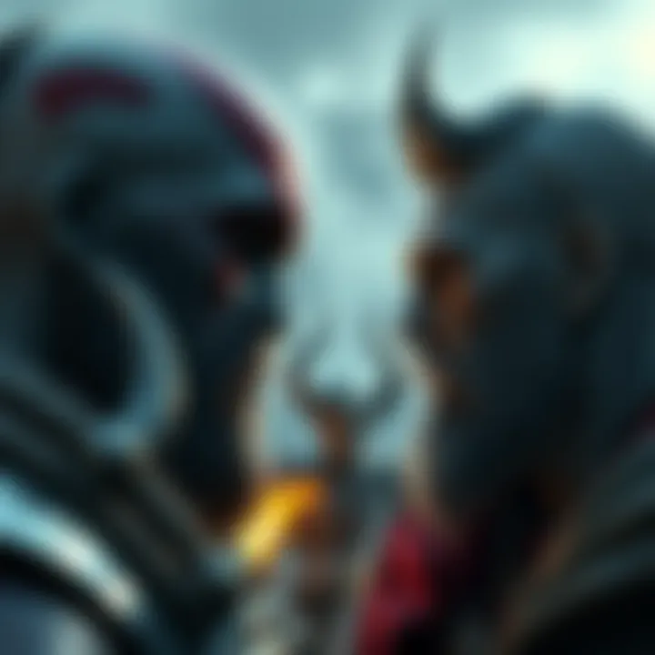 Kratos and Heimdall face each other in an intense moment, with Mimir observing in the background.