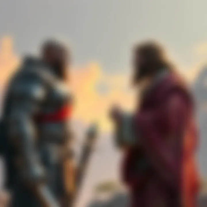 Kratos, wearing armor and wielding a weapon, stands face to face with Jesus, who is dressed in traditional robes, as they engage in a serious dialogue. The background shows contrasting elements of a b...