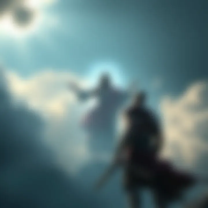 A depiction of Kratos, a fierce warrior with blades, standing before a serene figure representing Jesus, surrounded by dramatic clouds and light.