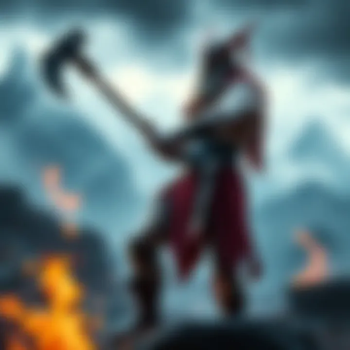 Kratos stands boldly, wielding an axe, representing strength and rage in a Norse landscape with flames in the background.
