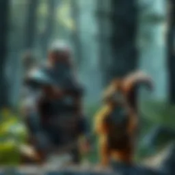 Kratos, a muscular warrior with a beard, converses with Ratatoskr, a small, playful squirrel, in a forest setting. The scene shows them engaged in a friendly chat, highlighting their contrasting perso...