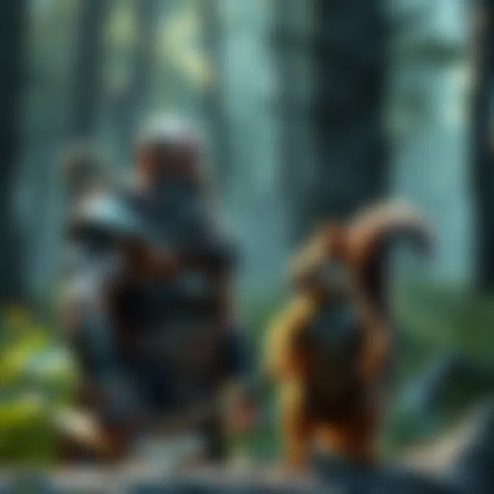 Kratos and Ratatoskr Talking Kratos, a muscular warrior with a beard, converses with Ratatoskr, a small, playful squirrel, in a forest setting. The scene shows them engaged in a friendly chat, highlighting their contrasting perso...