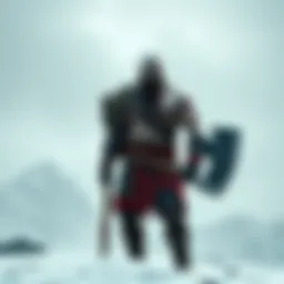 Kratos, a muscular warrior with a distinctive red tattoo, stands firm holding a large axe in a snowy Norse landscape, symbolizing his journey of redemption.