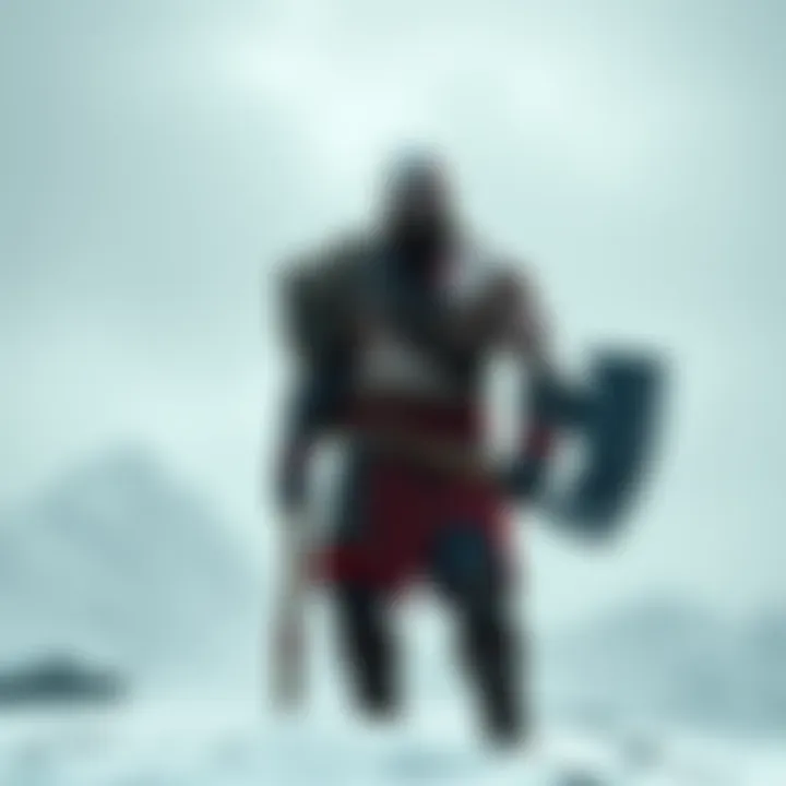 Kratos standing with his axe Kratos, a muscular warrior with a distinctive red tattoo, stands firm holding a large axe in a snowy Norse landscape, symbolizing his journey of redemption.