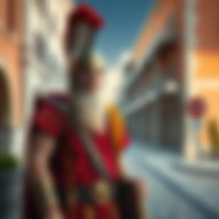 An elderly man dressed in ancient Greek warrior attire stands in a modern Greek city, looking confused and out of place.