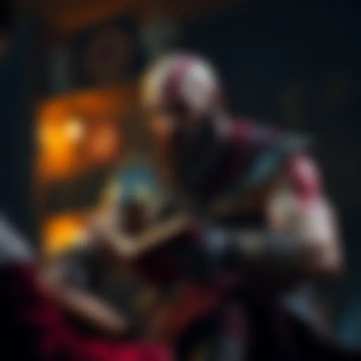 Kratos in a storytelling scene A character resembling Kratos sits in a dimly lit setting, focusing on a book as he listens intently to a storyteller, emphasizing engagement in narrative