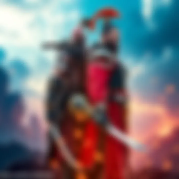 Kratos and Sun Wukong standing back-to-back, ready for battle in a vibrant fantasy landscape.
