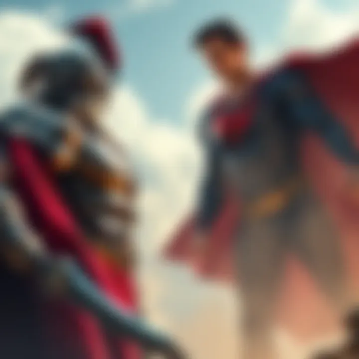 Kratos, with his iconic blades, stands ready to battle Superman, who flies above with a determined look, in a dramatic showdown setting.