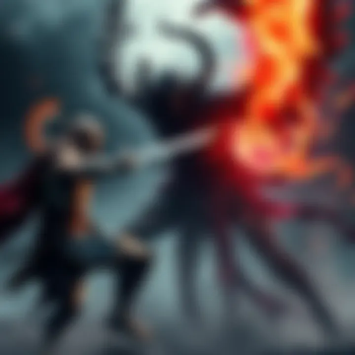 Kratos, the warrior with blades, attacks Thanatos, the god of death in an intense fight, surrounded by dark skies and mist.