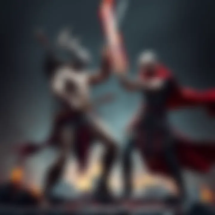 Kratos and Dante engage in an intense battle with weapons drawn, showcasing their unique fighting styles in an epic showdown.