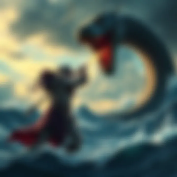 Kratos, a fierce warrior, preparing to fight Jörmungandr, the giant serpent, amidst a dynamic background of waves and stormy skies.