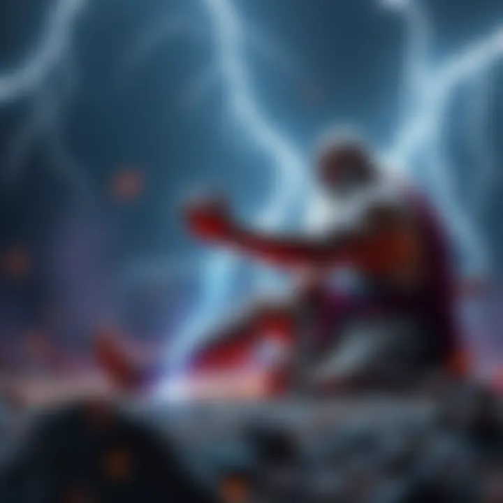 Kratos struggling against the lightning powers of Modi while on the ground, showing determination and strength.