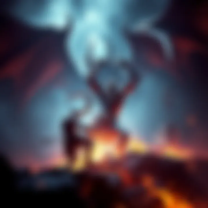 A scene showing Kratos fiercely fighting Nidhogg in a dark, mythical setting with intense energy around them.