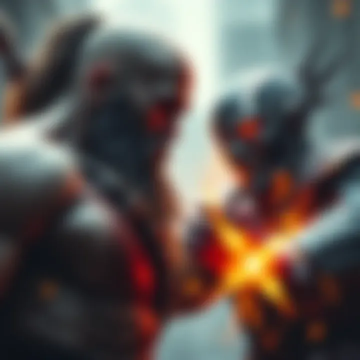 Kratos, a muscular warrior with a fierce expression, clashes with Omni Man, a powerful superhero with a determined look, in an intense fight scene.