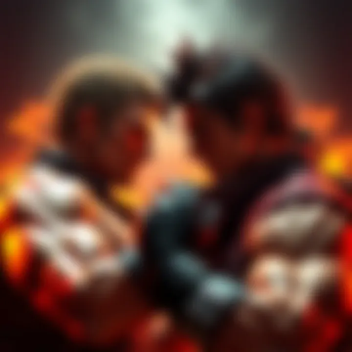 Krauser facing Leon, both in battle stance with tension in the air, showing emotions of rivalry and intensity.