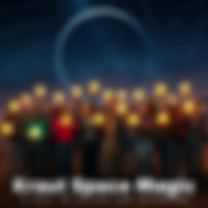 A diverse group of people gathers under a starry sky, holding glowing orbs and looking excited about Kraut space magic, surrounded by cosmic elements like stars and planets.