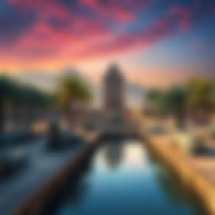 Krokodilopolis City with Canals View of Krokodilopolis showing palm trees, canals, and crocodile statues in an ancient Egyptian setting