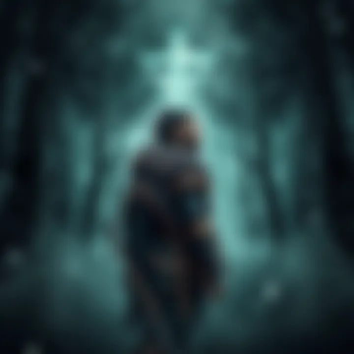 Kullervo, a tragic hero from Finnish lore, stands in a misty forest, looking determined. His wild hair and traditional attire reflect his warrior spirit. The mood is dark, hinting at themes of revenge and fate.