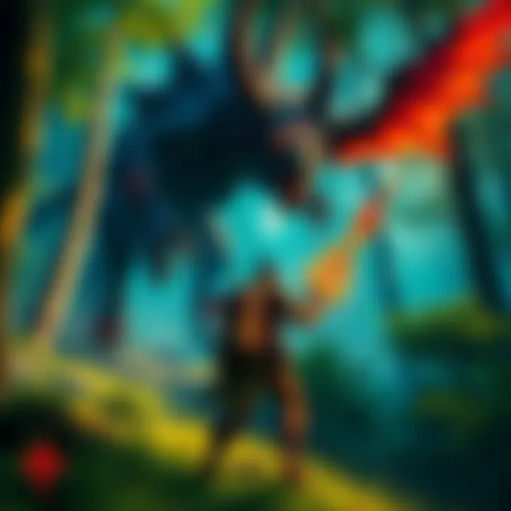 A player facing Kulve Taroth in a lush forest environment, wielding a weapon ready for combat.