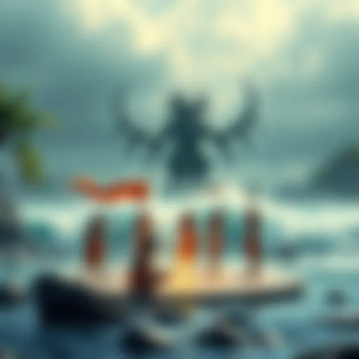 Kuo-Toa cultists performing a ritual at the shore, surrounded by ocean waves and tropical plants, featuring a large statue of Dagon in the background