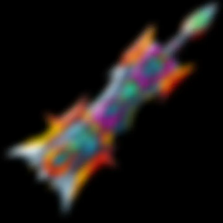 A detailed look at a weapon resembling Kurumi Tokisaki's style featuring vibrant colors and intricate patterns.