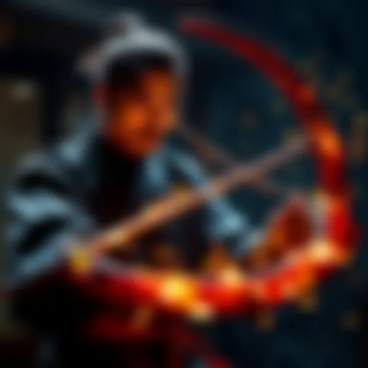 A skilled martial artist demonstrating the kusarigama, showcasing the sickle and weighted chain in a combat stance.