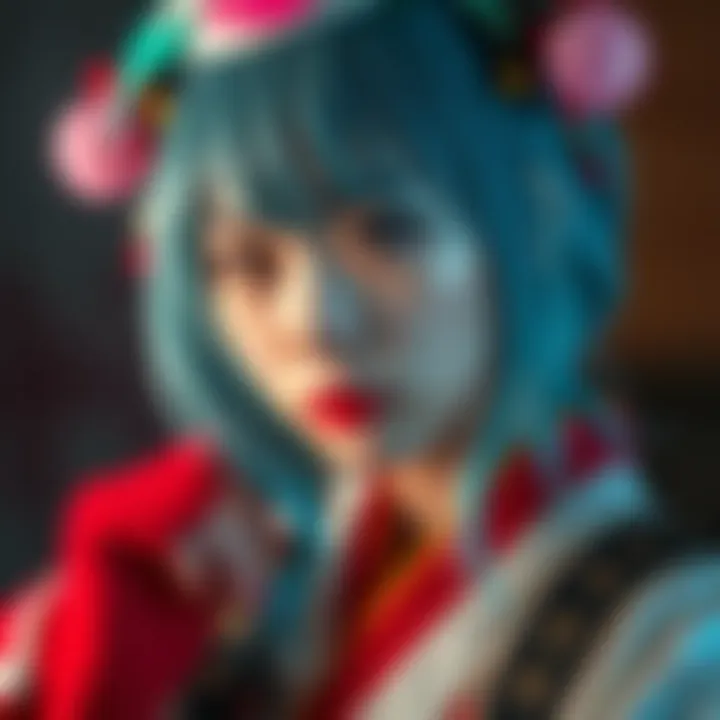 A person showcasing a unique cosplay inspired by Takakazu Abe's Kuso Miso technique, featuring bold colors and intricate details