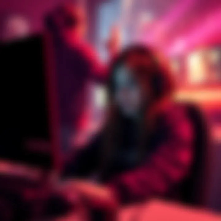 Kvrtez sitting at a gaming setup with a worried expression, while a shadowy figure, representing her cousin, looms in the background.