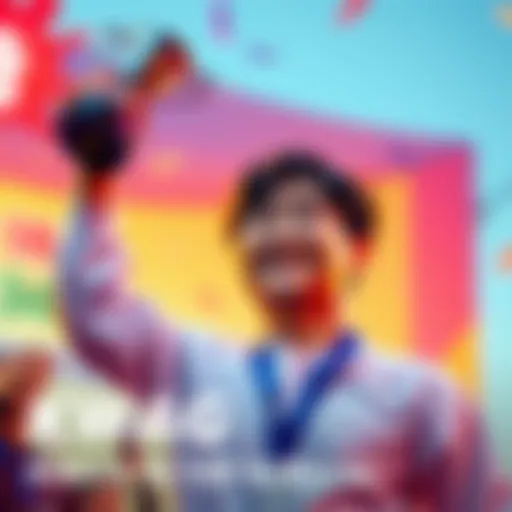 Kwon Tae-Young Celebrating Victory Kwon Tae-Young raises a trophy, smiling with excitement after winning the March event, with a colorful background from the map trailer.