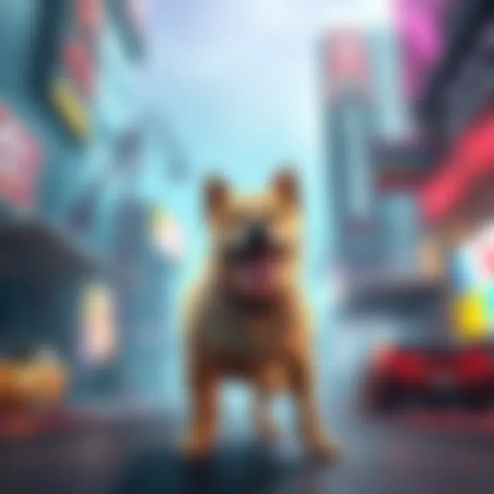 Kyle Crane on all fours, playfully panting like a dog, in a vibrant game environment