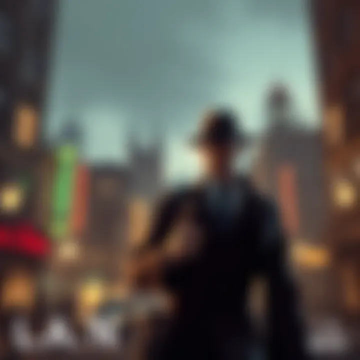 A screenshot from the new L.A. Noire video showing a detective in a 1940s cityscape, with elements linking to Tim's video insights.