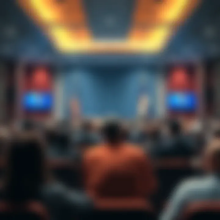 Lack of Leadership at Summit A crowded conference room with concerned attendees discussing leadership issues during a summit.