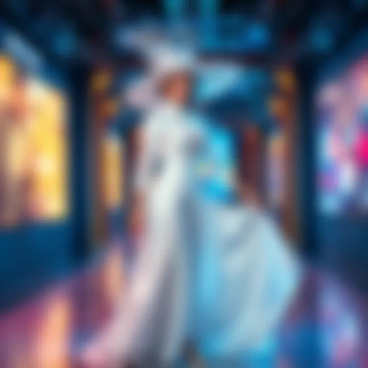 Person dressed in a long white dress and wide-brimmed hat, representing Lady Dimitrescu with elegant makeup and tall heels.