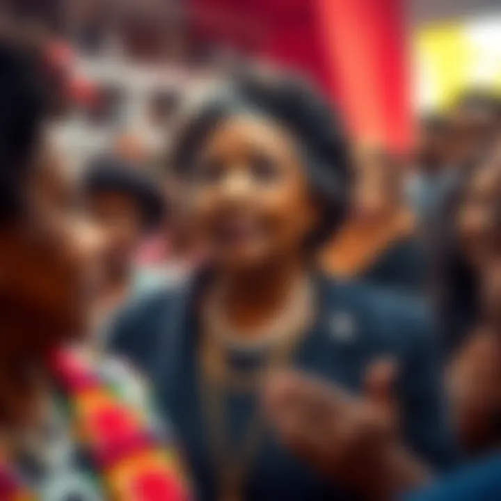 A portrait of Lady Brown surrounded by diverse people showing admiration and engagement in a community event, reflecting her influence in culture and politics.